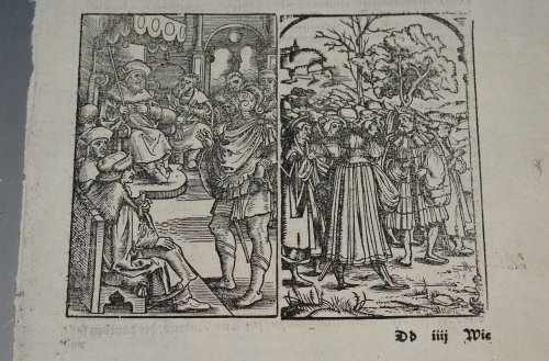 EARLY Leaf Woodcut Split Illustration of Roman Nobles and a King dressed in Renaissance costume. From R&ouml;mische Historien, jetzundt mit gantzen flei&szlig; besichtigt, gebessert vnd gemehret.