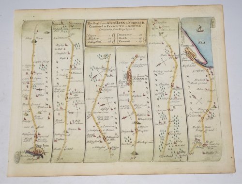 The Road from Kings Lynn to Norwich, Continued to Yarmouth in Norfolk. Strip Road Map on reverse Strip Road Map from Monmouth to Llanbeder in Cardigan shire