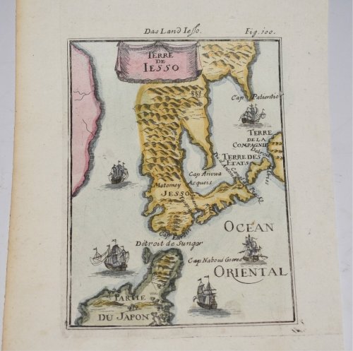 Terre de Iesso. Land of Eso (Hokkaido) North JAPAN Decorative miniature map of the Land of Eso (Hokkaido) and the north part of Japan, from the first German edition of Mallet's monumental work. Includes sailing ships.