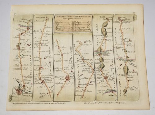 The Road from Glocester to Montgomery, Continued from Glocester. Strip Road Map on reverse Strip Road Map from Hereford to Leicester Continued from Hereford.