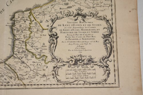Original Engraved Map Anciens Royaumes De Kent, D'Essex, et De Sussex ou sont Aujourdhuy les Comt&eacute;s Kent, D'Essex, Middlessex, Et Hartford De Sussex, Et Surrey. Avecq le Pas De Calais, et Partie des Costes du Pays Bas, de Picardie, et Normandie. Sanson's Double page map of the 