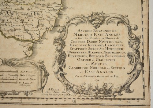 "Anciens Royaumes de Mercie et East Angles, ou sont les Comtes, ou Shiries de Chester, Darby, Nottingham, Lincolne, Rutland, Leicester, Stafford, Shrop-Sh, Hereford, Worcester, Warwick, Northampton, Huntington, Bedford, Buskingham, Oxford et Glocester en Mercie, Cambridge, Norfolk et Suffolk en