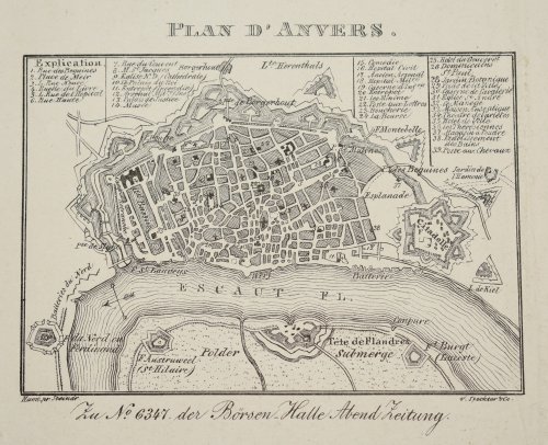 Plan d'anvers Zu No 6347 der B&ouml;rsen Halle Abendzeitung Map of the city of Antwerp with the citadel