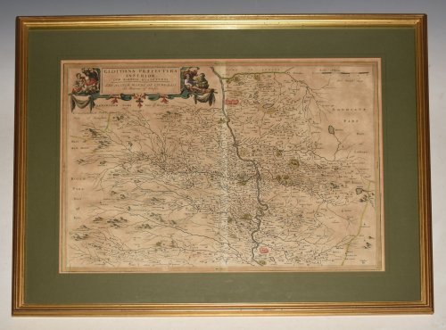 Glottiana Pr&aelig;fectura Inferior, cum Baronia Glascvensi. The Nether Warde of Clyds-Dale, and Baronie of Glasco. Original Antique Hand Coloured Engraved Map. 17th century map of Lower Clydesdale, now part of South Lanarkshire, with elaborate cartouches for title and scale.