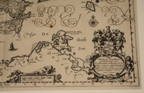 LARGE Antique Map of Denmark Regni Daniae, Accuratissima delineatio. Nobili&szlig;imo Ampli&szlig;imo, consulti&szlig;imoque viro D. Gerardo Schaep. I.V.D. Inclyti et Celeberrimi Amsterodamensium Emporii consuli ac Senatori: et ad Sereni&szlig;imos Sueci&aelig; Dani&aelig;q, Reges Legato Dignissimo,