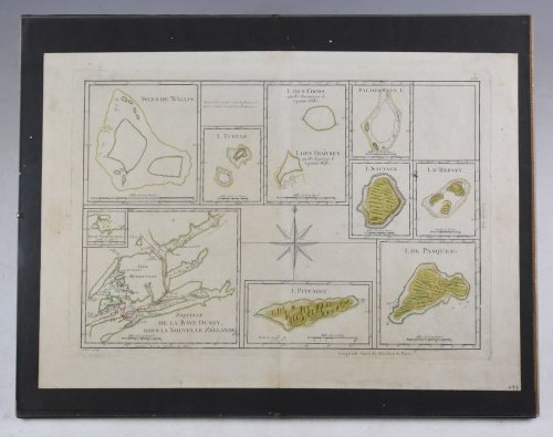 Antique Maps of Islands of the South Pacific, Incl. Pitcairn & Dusky Bay Antique map titled Esquisse de la Bay Dusky, Dans La Nouvelle Zeelande / I. Pitcairn / Isles de Wallis / I Turtle / I des Cocos and Traitres / Palmerston I. / I. Suavage / I. D'Hervey/ Havre Pickersgill / I de Pasques.