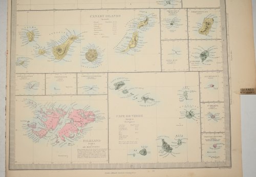 Antique map of Islands in the Atlantic. Inset maps of Azores or Western Isles, Faeroe Isles, Madeira Isles, Canary Islands, Prince's Island (Ilha do Principe), Anno Bon, Fernando Po, St Thomas, Santo Thom&eacute;, Bermuda Isles, Trinidade Isles, Fernando Noronha, Falkland Isles or Les Malouines
