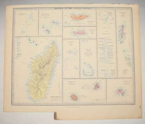 Antique map of Islands of the Indian Ocean. Inset maps of Indian Ocean, Madagascar, Amirantes, Seychelles, Socotra, Rodrigue, Chagos, Keeling Isles, Mauritius, Bourbon, Reunion, Lakadives, Maldives, Kerguelen, Andaman Isles,&Atilde; Nicobar Islands.