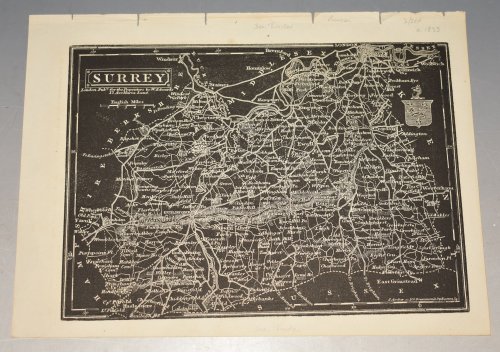 Original Antique Map of Surrey. Drawn and engraved by J. Archer. &ldquo;Negative&rdquo; Style &ldquo;Black-Map&rdquo; of Surrey.