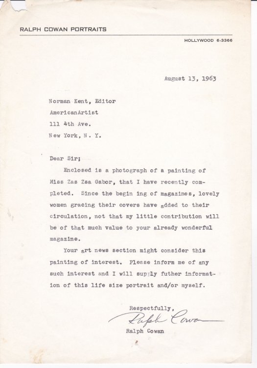 Image for TYPED LETTER SOLICITING AN ARTICLE IN AMERICAN ARTIST MAGAZINE SIGNED BY RALPH WOLFE COWAN, PAINTER OF A MAR-A-LAGO PORTRAIT OF DONALD TRUMP. TYPED LETTER SOLICITING AN ARTICLE IN AMERICAN ARTIST MAGAZINE SIGNED BY RALPH WOLFE COWAN, PAINTER OF A MAR-A-LAGO PORTRAIT OF DONALD TRUMP.