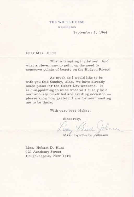 Image for TYPED LETTER SIGNED AS FIRST LADY OF THE UNITED STATES BY LADY BIRD JOHNSON. TYPED LETTER SIGNED AS FIRST LADY OF THE UNITED STATES BY LADY BIRD JOHNSON.
