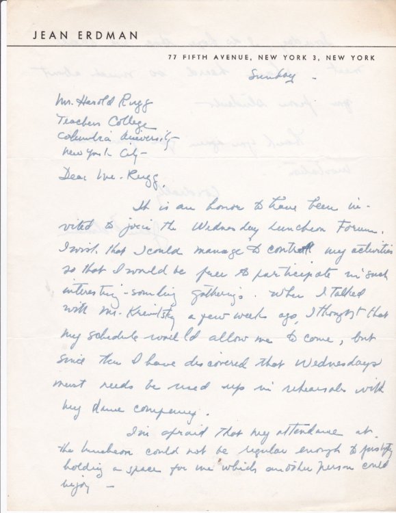 Image for AUTOGRAPH LETTER TO EDUCATOR HAROLD RUGG SIGNED BY MODERN DANCE CHOREOGRAPHER AND AVANT-GARDE THEATER DIRECTOR JEAN ERDMAN. AUTOGRAPH LETTER TO EDUCATOR HAROLD RUGG SIGNED BY MODERN DANCE CHOREOGRAPHER AND AVANT-GARDE THEATER DIRECTOR JEAN ERDMAN.