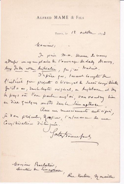 Image for AUTOGRAPH LETTER TO PAUL BARLATIER ABOUT AUTHOR GASTON BONNEFONT'S FRENCH TRANSLATION AUTOGRAPH LETTER TO PAUL BARLATIER ABOUT AUTHOR GASTON BONNEFONT'S FRENCH TRANSLATION