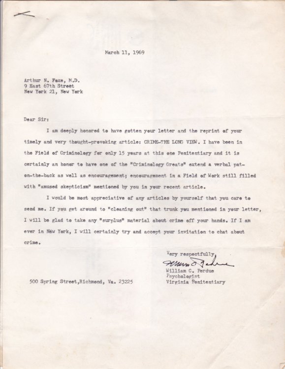 Image for TYPED LETTER TO PSYCHIATRIST AND CRIMINOLOGIST ARTHUR N. FOXE SIGNED BY VIRGINIA PENITENTIARY PSYCHOLOGIST WILLIAM C. PERDUE. TYPED LETTER TO PSYCHIATRIST AND CRIMINOLOGIST ARTHUR N. FOXE SIGNED BY VIRGINIA PENITENTIARY PSYCHOLOGIST WILLIAM C. PERDUE.