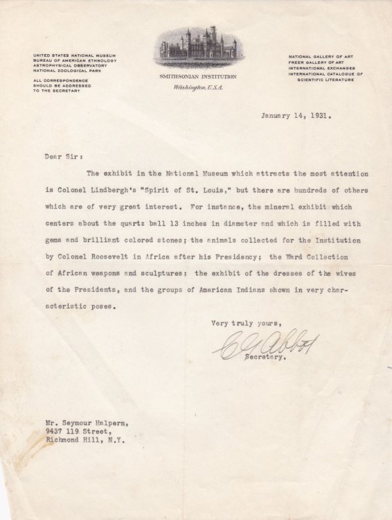 Image for TYPED LETTER TO FUTURE CONGRESSMAN SEYMOUR HALPERN SIGNED BY AMERICAN ASTROPHYSICIST AND SECRETARY OF THE SMITHSONIAN INSTITUTION CHARLES GREELEY ABBOT. TYPED LETTER TO FUTURE CONGRESSMAN SEYMOUR HALPERN SIGNED BY AMERICAN ASTROPHYSICIST AND SECRETARY OF THE SMITHSONIAN INSTITUTION CHARLES GREELEY ABBOT.