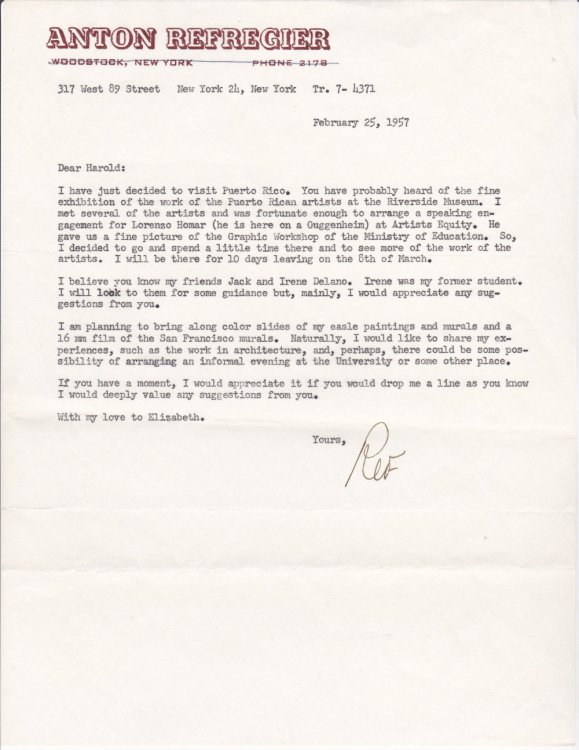 Image for TYPED LETTER TO EDUCATOR HAROLD RUGG SIGNED BY RUSSIAN AMERICAN PAINTER AND MURALIST ANTON REFREGIER. TYPED LETTER TO EDUCATOR HAROLD RUGG SIGNED BY RUSSIAN AMERICAN PAINTER AND MURALIST ANTON REFREGIER.