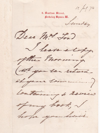 Image for AUTOGRAPH LETTER SIGNED BY GENERAL SIR FREDERICK WILLIAM HAMILTON, COMMANDER OF THE BRIGADE OF GUARDS FROM 1868 to 1870, SENDING A REVIEW OF HIS BOOK ON THE GRENADIER GUARDS. AUTOGRAPH LETTER SIGNED BY GENERAL SIR FREDERICK WILLIAM HAMILTON, COMMANDER OF THE BRIGADE OF GUARDS FROM 1868 to 1870, SENDING A REVIEW OF HIS BOOK ON THE GRENADIER GUARDS.