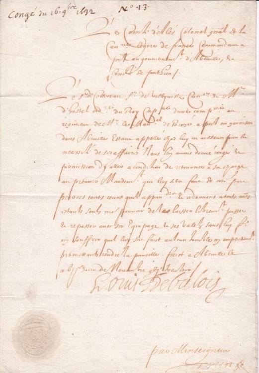 Image for HOLOGRAPH DOCUMENT SIGNED by LOUIS DE VALOIS, Colonel-General of the Cavalry, granting permission for an individual to take leave. HOLOGRAPH DOCUMENT SIGNED by LOUIS DE VALOIS, Colonel-General of the Cavalry, granting permission for an individual to take leave.