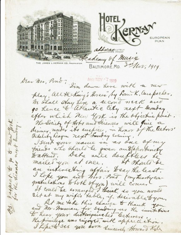 Image for AUTOGRAPH LETTER SIGNED BY AMERICAN STAGE AND SCREEN ACTOR HOWARD KYLE INVITING J. B. AND MRS. POND TO ATTEND A DINNER HONORING THE ACTORS' FIDELITY LEAGUE. AUTOGRAPH LETTER SIGNED BY AMERICAN STAGE AND SCREEN ACTOR HOWARD KYLE INVITING J. B. AND MRS. POND TO ATTEND A DINNER HONORING THE ACTORS' FIDELITY LEAGUE.