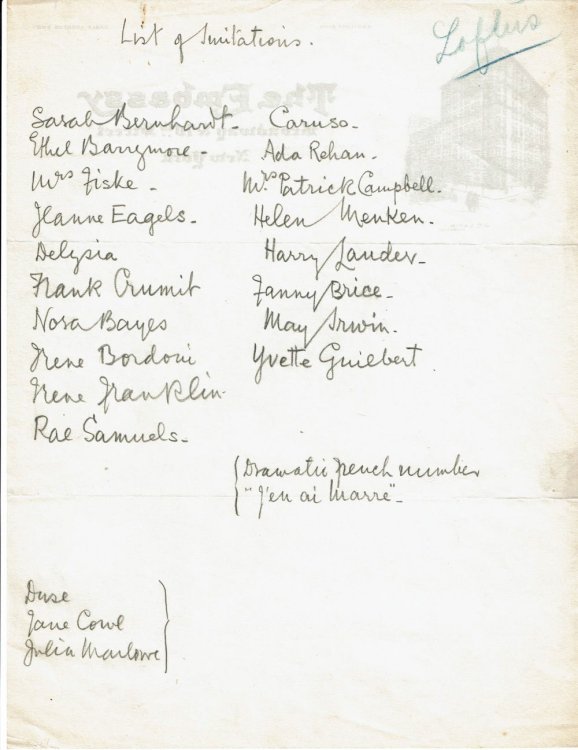 Image for UNSIGNED LIST OF PERFORMERS SHE CAN MIMIC HANDWRITTEN BY SCOTTISH ACTRESS AND VAUDEVILLIAN CECILIA LOFTUS FOR THE POND LECTURE BUREAU. UNSIGNED LIST OF PERFORMERS SHE CAN MIMIC HANDWRITTEN BY SCOTTISH ACTRESS AND VAUDEVILLIAN CECILIA LOFTUS FOR THE POND LECTURE BUREAU.