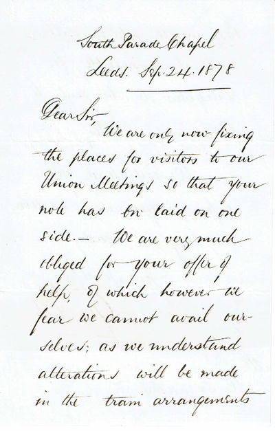 Image for AUTOGRAPH LETTER SIGNED BY THE REV. GEORGE HILL, PASTOR OF THE LEEDS, SOUTH PARADE BAPTIST CHURCH, SENDING THANKS FOR AN OFFER OF HELP WHICH HE CANNOT ACCEPT. AUTOGRAPH LETTER SIGNED BY THE REV. GEORGE HILL, PASTOR OF THE LEEDS, SOUTH PARADE BAPTIST CHURCH, SENDING THANKS FOR AN OFFER OF HELP WHICH HE CANNOT ACCEPT.