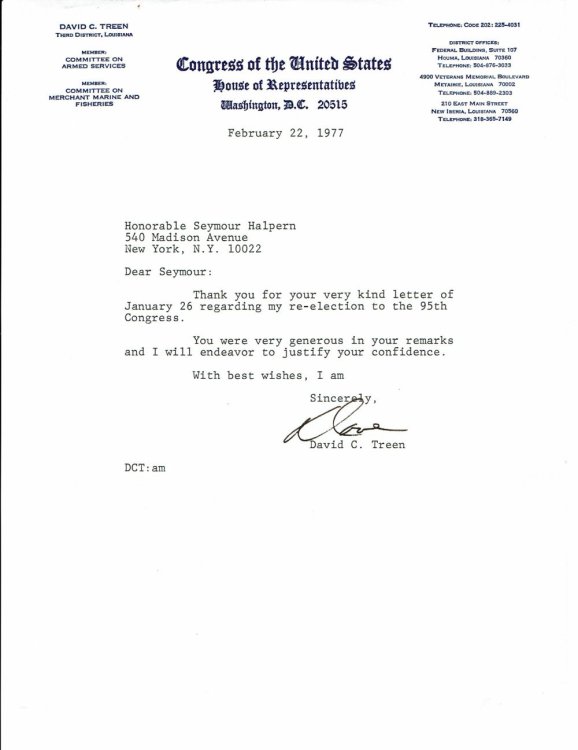 Image for TYPED LETTER SIGNED BY DAVID C. TREEN, THE FIRST REPUBLICAN GOVERNOR OF LOUISIANA SINCE RECONSTRUCTION, SENDING THANKS TO CONGRESSMAN SEYMOUR HALPERN. TYPED LETTER SIGNED BY DAVID C. TREEN, THE FIRST REPUBLICAN GOVERNOR OF LOUISIANA SINCE RECONSTRUCTION, SENDING THANKS TO CONGRESSMAN SEYMOUR HALPERN.