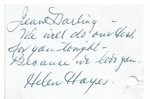 AUTOGRAPH NOTE SIGNED BY HELEN HAYES TO CITY CENTER PRODUCER JEAN DALRYMPLE.