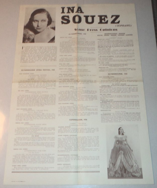 Image for INA SOUEZ (SOPRANO) SOME PRESS OPINIONS. Glyndebourne, 1936 . International Season Royal Opera House, Covent Garden . A RARE ORIGINAL POSTER, promoting the career of the American Soprano & Jazz Singer of Cherokee heritage. INA SOUEZ (SOPRANO) SOME PRESS OPINIONS. Glyndebourne, 1936 . International Season Royal Opera House, Covent Garden . A RARE ORIGINAL POSTER, promoting the career of the American Soprano & Jazz Singer of Cherokee heritage.