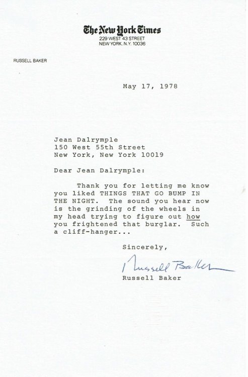 Image for TYPED LETTER SIGNED by RUSSELL BAKER, to Jean Dalrymple, probably referring to one of his columns. TYPED LETTER SIGNED by RUSSELL BAKER, to Jean Dalrymple, probably referring to one of his columns.