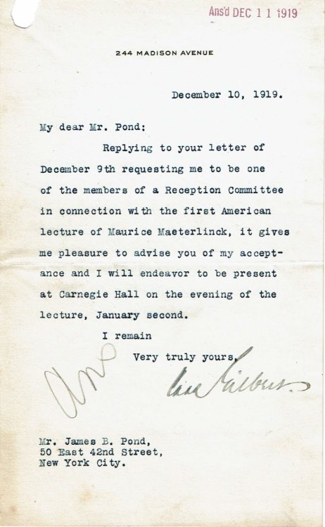 Image for TYPED LETTER SIGNED by the prominent American architect CASS GILBERT, designer of the Woolworth Building, in reply to an invitation by James B. Pond to join his reception committee for Maeterlinck's first American lecture. TYPED LETTER SIGNED by the prominent American architect CASS GILBERT, designer of the Woolworth Building, in reply to an invitation by James B. Pond to join his reception committee for Maeterlinck's first American lecture.