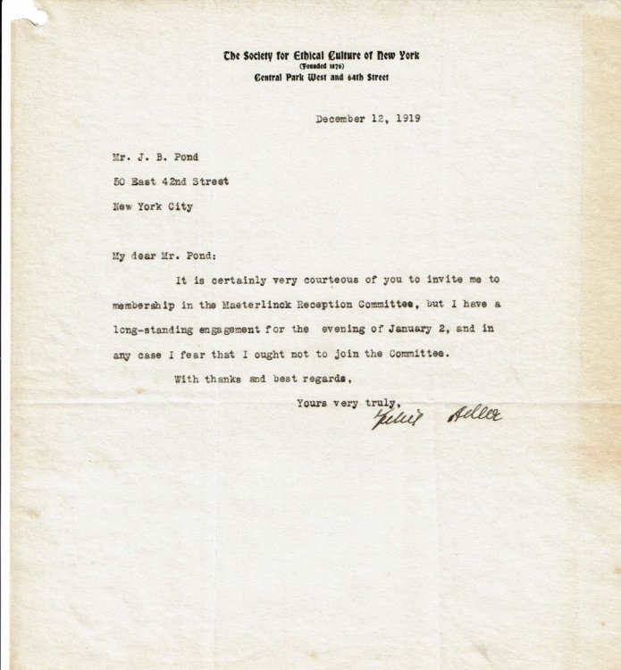 Image for TYPED LETTER SIGNED by the influential German-American philosopher FELIX ADLER in reply to an invitation by James B. Pond to join his reception committee for Maeterlinck's first American lecture. TYPED LETTER SIGNED by the influential German-American philosopher FELIX ADLER in reply to an invitation by James B. Pond to join his reception committee for Maeterlinck's first American lecture.