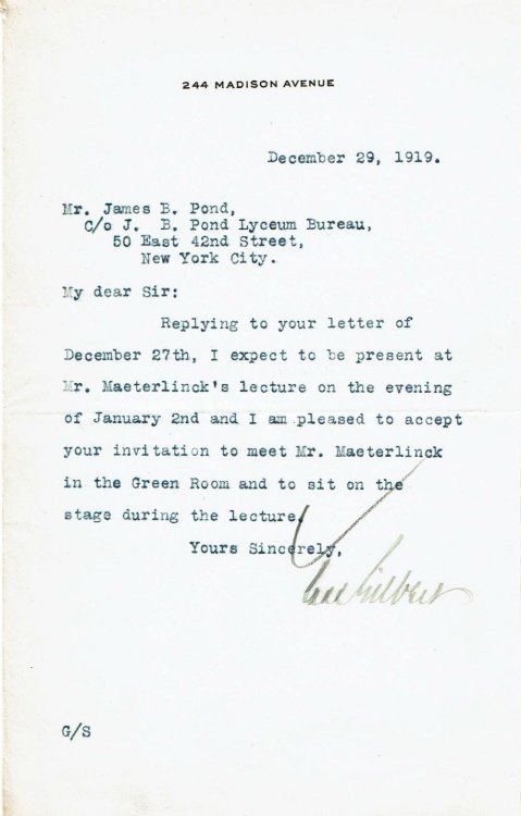 Image for TYPED LETTER SIGNED by the prominent American architect CASS GILBERT, designer of the Woolworth Building, accepting James B. Pond's invitation to join his reception committee for Maeterlinck's first American lecture and to meet Maeterlinck in the green room prior to the lecture. TYPED LETTER SIGNED by the prominent American architect CASS GILBERT, designer of the Woolworth Building, accepting James B. Pond's invitation to join his reception committee for Maeterlinck's first American lecture and to meet Maeterlinck in the green room prior to the lecture.