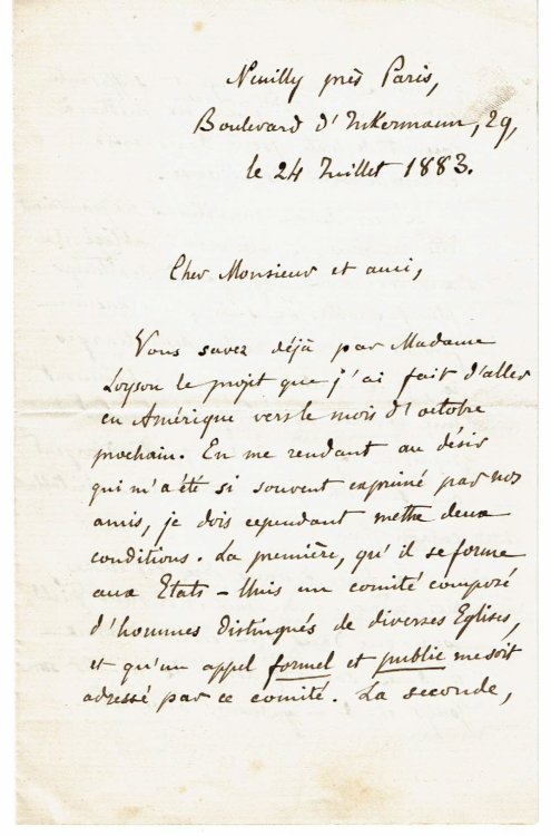 A CORRESPONDENCE consisting of 4 AUTOGRAPH LETTERS SIGNED by the Famous French Priest HYACINTHE LOYSON [PERE HYACINTHE] who was excommunicated by the Catholic Church for his opposition to the pronouncements of the First Vatican Council.