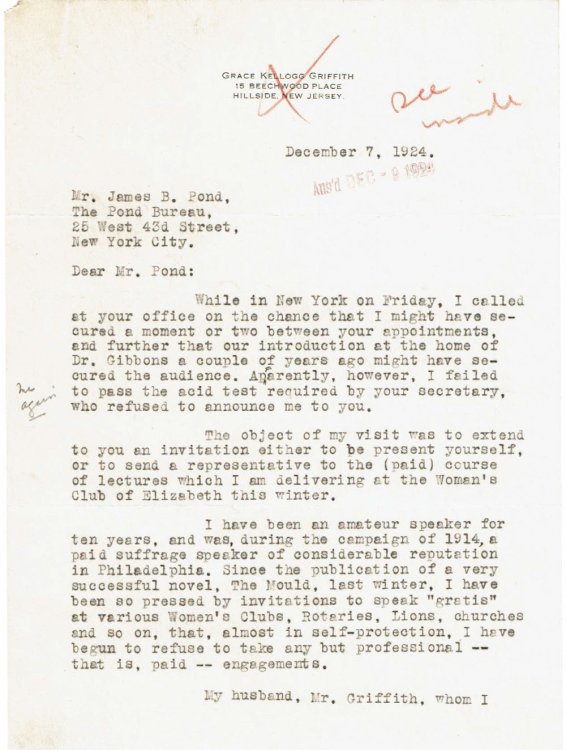 Image for A CORRESPONDENCE consisting of 2 TYPED LETTERS SIGNED by GRACE KELLOGG addressed to JAMES B. POND, seeking the opportunity to lecture on WOMEN'S SUFFRAGE. A CORRESPONDENCE consisting of 2 TYPED LETTERS SIGNED by GRACE KELLOGG addressed to JAMES B. POND, seeking the opportunity to lecture on WOMEN'S SUFFRAGE.