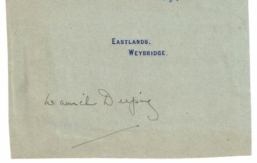 Image for A PARTIAL SHEET OF HIS LETTERHEAD SIGNED BY ENGLISH NOVELIST AND SHORT-STORY WRITER WARWICK DEEPING. A PARTIAL SHEET OF HIS LETTERHEAD SIGNED BY ENGLISH NOVELIST AND SHORT-STORY WRITER WARWICK DEEPING.