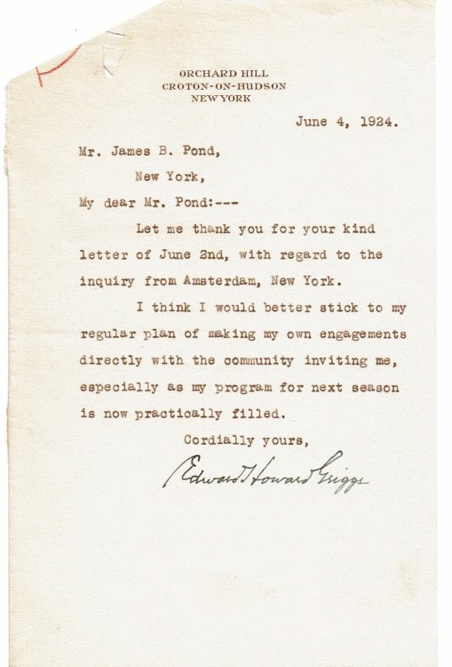 Image for TYPED LETTER ABOUT LECTURING IN AMSTERDAM, NEW YORK SIGNED BY INFLUENTIAL AMERICAN LECTURER, CRITIC AND PHILOSOPHER EDWARD HOWARD GRIGGS. TYPED LETTER ABOUT LECTURING IN AMSTERDAM, NEW YORK SIGNED BY INFLUENTIAL AMERICAN LECTURER, CRITIC AND PHILOSOPHER EDWARD HOWARD GRIGGS.