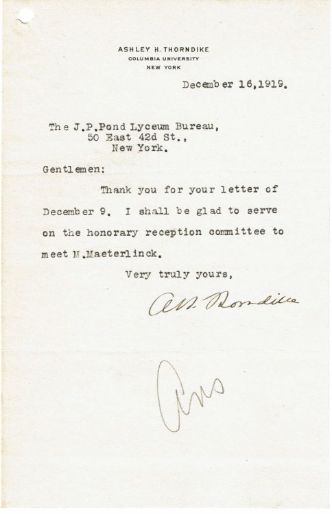 Image for TYPED LETTER TO THE POND LECTURE BUREAU SIGNED BY EDUCATOR AND THEATRE HISTORIAN ASHLEY H. THORNDIKE. TYPED LETTER TO THE POND LECTURE BUREAU SIGNED BY EDUCATOR AND THEATRE HISTORIAN ASHLEY H. THORNDIKE.