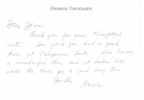 Image for AUTOGRAPH NOTE ON A CARD TO CITY CENTER PRODUCER JEAN DALRYMPLE SIGNED BY STAGE, SCREEN AND TELEVISION ACTOR GEORGE GRIZZARD. AUTOGRAPH NOTE ON A CARD TO CITY CENTER PRODUCER JEAN DALRYMPLE SIGNED BY STAGE, SCREEN AND TELEVISION ACTOR GEORGE GRIZZARD.