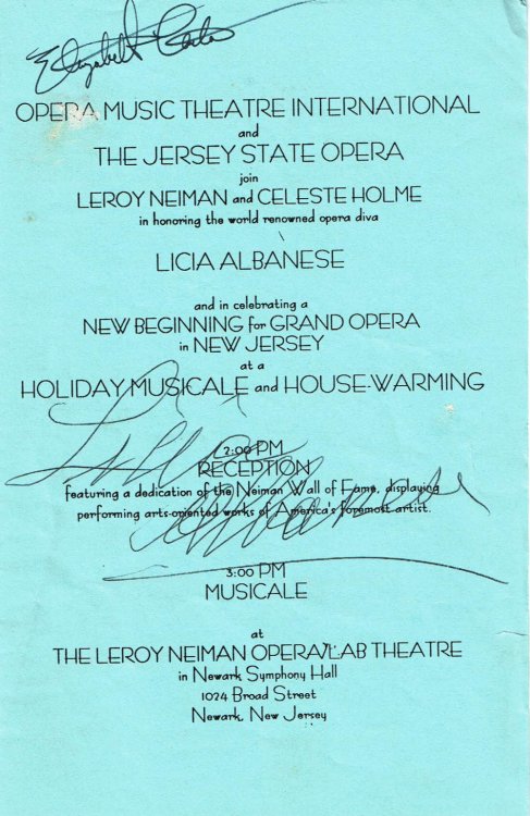 Image for PROGRAM FOR CEREMONY HONORING ITALIAN-BORN OPERATIC SOPRANO LICIA ALBANESE SIGNED BY HER. ADDITIONALLY SIGNED BY METROPOLITAN OPERA AND VIENNA STATE OPERA STAR ELIZABETH CARTER. PROGRAM FOR CEREMONY HONORING ITALIAN-BORN OPERATIC SOPRANO LICIA ALBANESE SIGNED BY HER. ADDITIONALLY SIGNED BY METROPOLITAN OPERA AND VIENNA STATE OPERA STAR ELIZABETH CARTER.