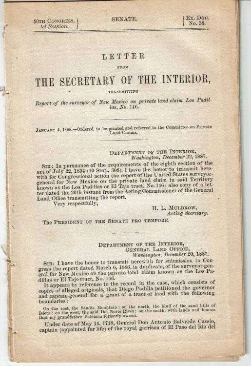 Image for LETTER FROM THE SECRETARY OF THE INTERIOR, Transmitting Report of the surveyor of New Mexico on private land claim Los Padillas, no. 146. January 4, 1888. LETTER FROM THE SECRETARY OF THE INTERIOR, Transmitting Report of the surveyor of New Mexico on private land claim Los Padillas, no. 146. January 4, 1888.