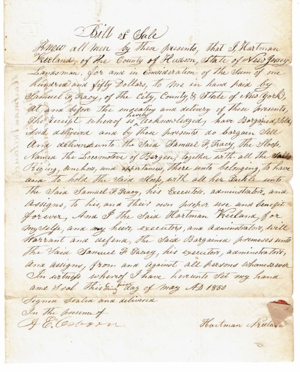 Image for AUTOGRAPH DOCUMENT SIGNED by HARTMAN VREELAND. An original BILL OF SALE for the SLOOP AUTOGRAPH DOCUMENT SIGNED by HARTMAN VREELAND. An original BILL OF SALE for the SLOOP