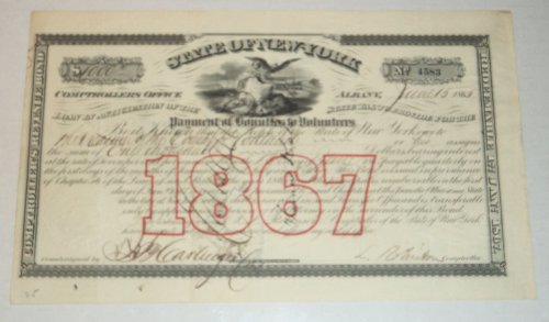 Image for PAYMENT OF BOUNTIES TO VOLUNTEERS: A PARTIALLY PRINTED CIVIL WAR DOCUMENT consisting of a bond financing payment of bounties to soldiers who volunteered to fight in the Civil War, SIGNED by LUCIUS ROBINSON as New York State Comptroller. PAYMENT OF BOUNTIES TO VOLUNTEERS: A PARTIALLY PRINTED CIVIL WAR DOCUMENT consisting of a bond financing payment of bounties to soldiers who volunteered to fight in the Civil War, SIGNED by LUCIUS ROBINSON as New York State Comptroller.