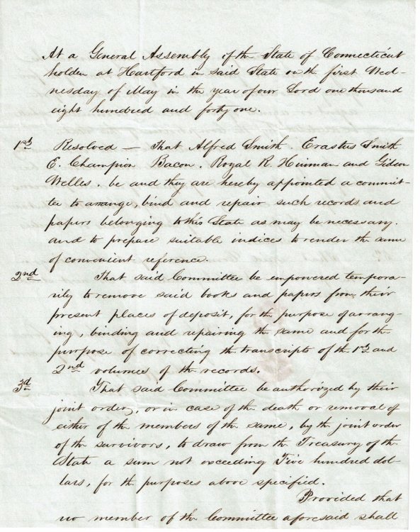 Image for HOLOGRAPH DOCUMENT SIGNED by ROYAL HINMAN as SECRETARY OF STATE, whereas the General Assembly of the State of Connecticut appoints a committee to HOLOGRAPH DOCUMENT SIGNED by ROYAL HINMAN as SECRETARY OF STATE, whereas the General Assembly of the State of Connecticut appoints a committee to