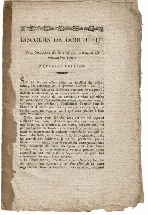 Image for DISCOURS DE DORFEUILLE, aux Soldats de la Patrie, au mois de novembre 1791. Nouvelle Edition. DISCOURS DE DORFEUILLE, aux Soldats de la Patrie, au mois de novembre 1791. Nouvelle Edition.