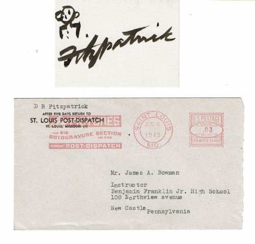 Image for THE AUTOGRAPH of PULITZER PRIZE WINNING CARTOONIST DANIEL R. FITZPATRICK BOLDLY PENNED on a card beneath a SIMPLE STICK FIGURE SKETCH. THE AUTOGRAPH of PULITZER PRIZE WINNING CARTOONIST DANIEL R. FITZPATRICK BOLDLY PENNED on a card beneath a SIMPLE STICK FIGURE SKETCH.