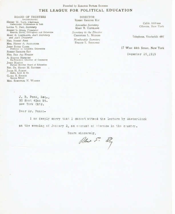 Image for TYPED NOTE SIGNED by the director of the Town Hall League ROBERT ERSKINE ELY, regretting that he can't attend Maeterlinck's lecture. TYPED NOTE SIGNED by the director of the Town Hall League ROBERT ERSKINE ELY, regretting that he can't attend Maeterlinck's lecture.