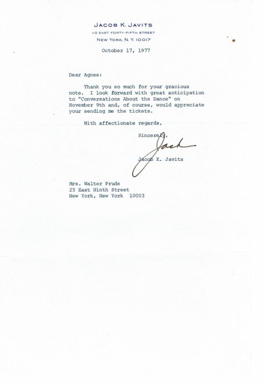 Image for TYPED LETTER SIGNED by SENATOR JACOB K. JAVITS to the American dancer & choreographer AGNES DE MILLE. TYPED LETTER SIGNED by SENATOR JACOB K. JAVITS to the American dancer & choreographer AGNES DE MILLE.