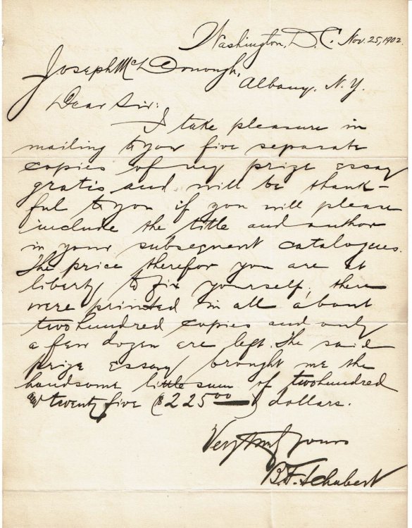 Image for AUTOGRAPH LETTER SIGNED by the author of a Georgetown University prize essay on law B.F. SCHUBERT. AUTOGRAPH LETTER SIGNED by the author of a Georgetown University prize essay on law B.F. SCHUBERT.