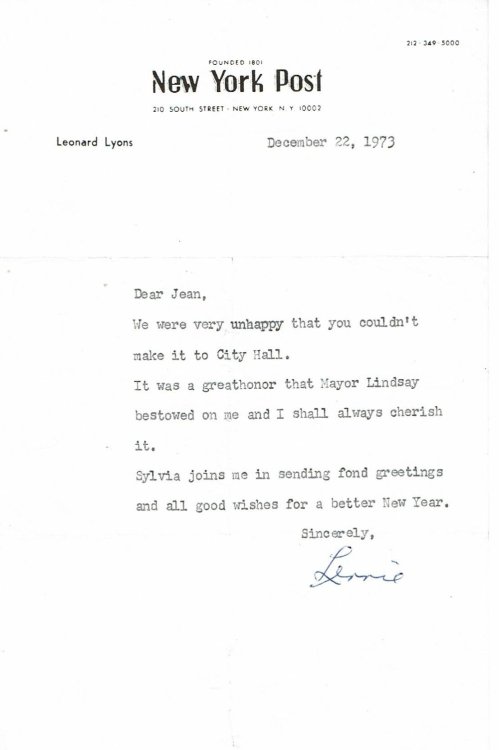 Image for TYPED LETTER SIGNED by the American newspaper columnist LEONARD LYONS. TYPED LETTER SIGNED by the American newspaper columnist LEONARD LYONS.