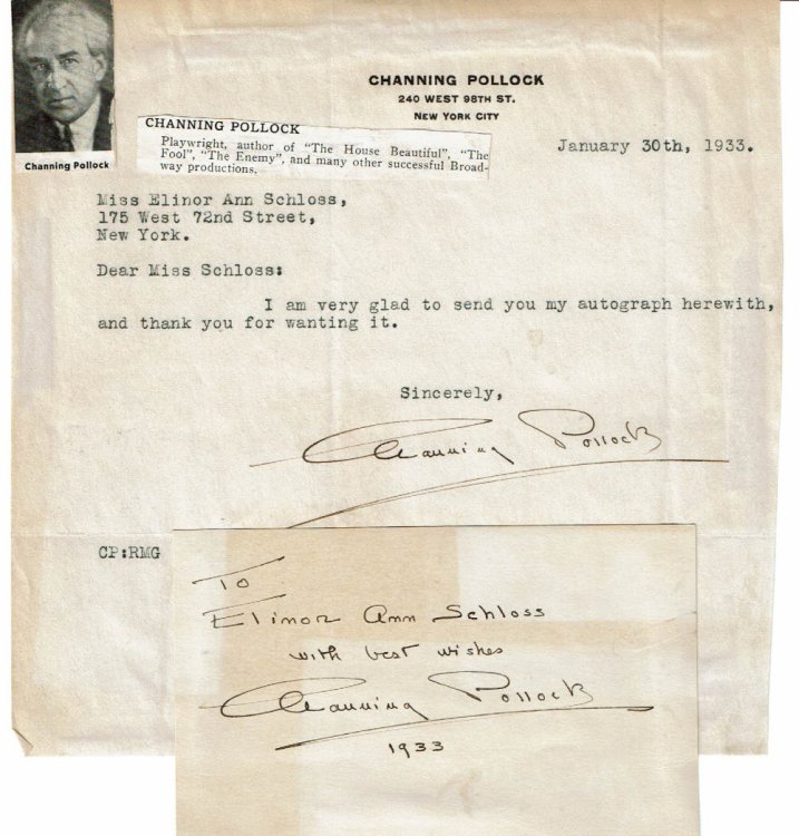 Image for TYPED NOTE SIGNED BY PLAYWRIGHT, CRITIC AND FILM SCENARIST CHANNING POLLOCK TOGETHER WITH A CARD INSCRIBED AND SIGNED BY HIM. TYPED NOTE SIGNED BY PLAYWRIGHT, CRITIC AND FILM SCENARIST CHANNING POLLOCK TOGETHER WITH A CARD INSCRIBED AND SIGNED BY HIM.